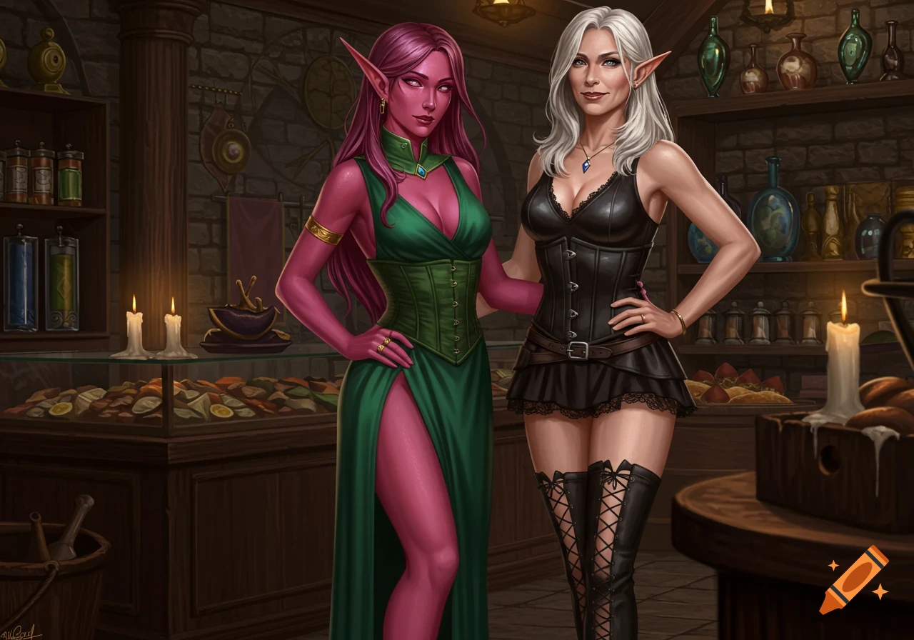 Two fantasy women with elf ears, one with pink skin in a green dress, the other with white hair in a black corset, in a medieval shop.