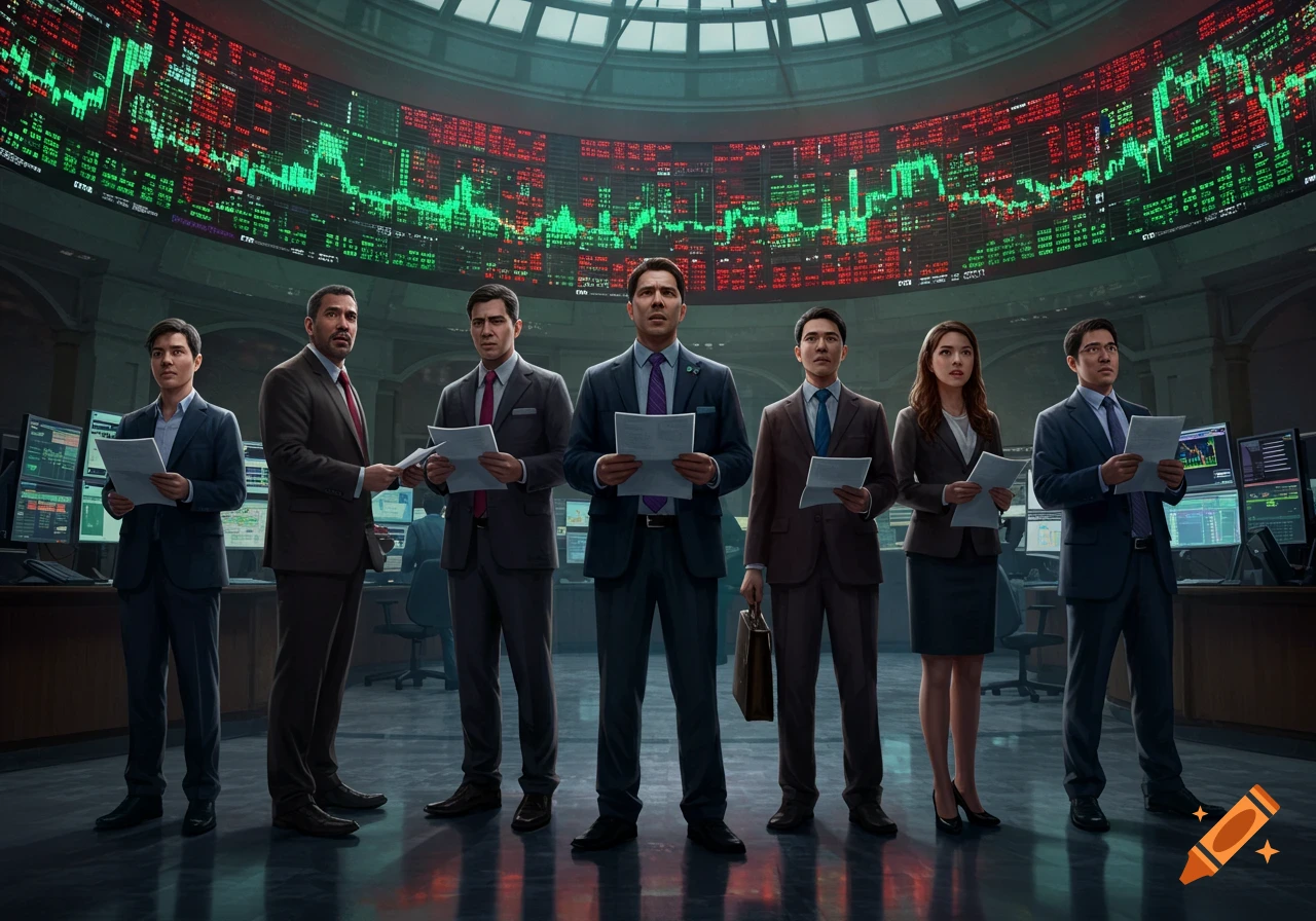 Photorealistic image of diverse businesspeople in suits holding papers, standing in a trading floor with large digital stock market screens showing charts and data.