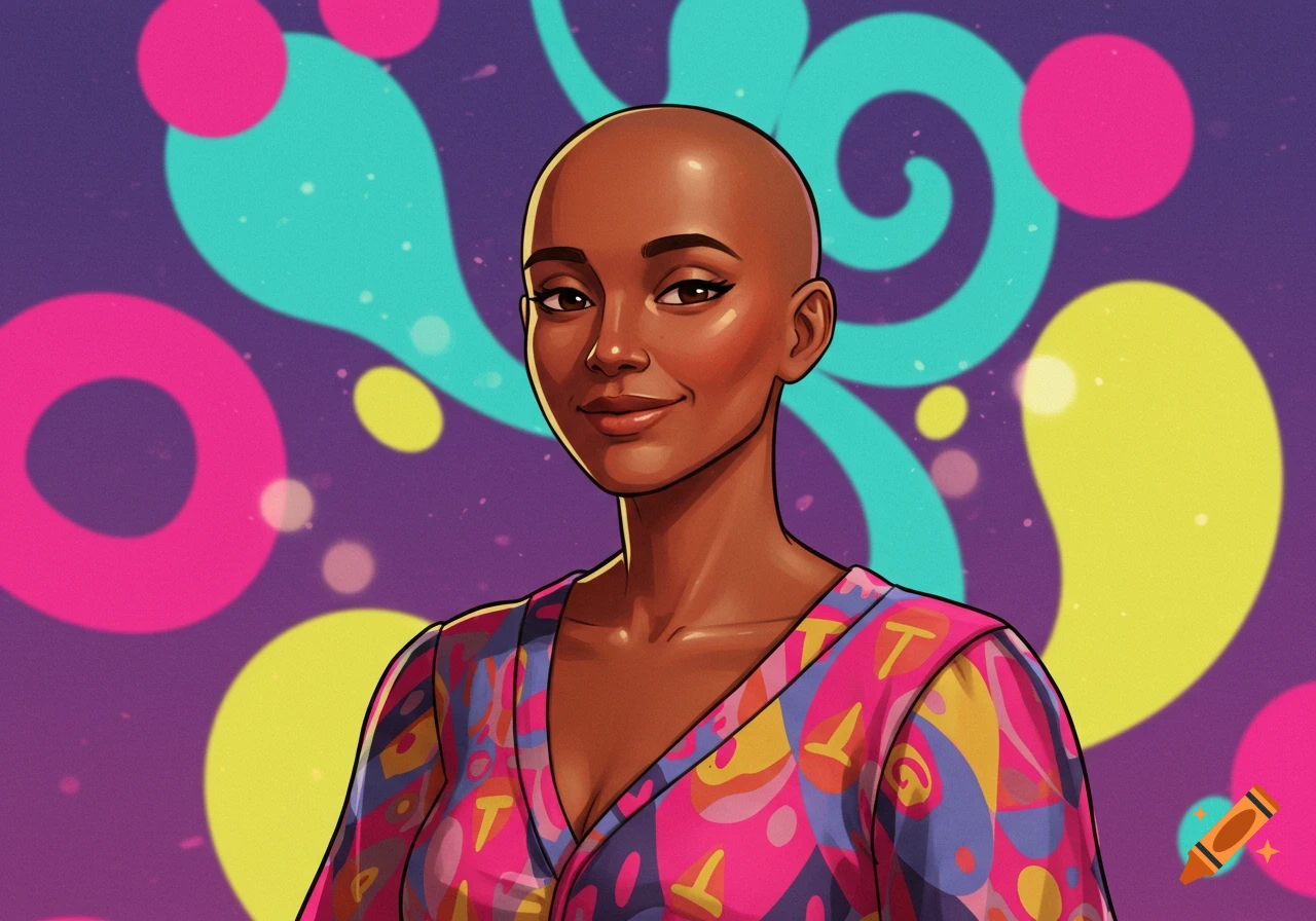 Cartoon portrait of a smiling bald Black woman in a colorful, patterned dress against an abstract purple and blue background.