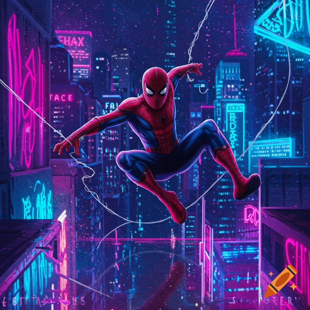 Spiderman leaps through a neon-lit cyberpunk cityscape at night, depicted in a vibrant comic art style.