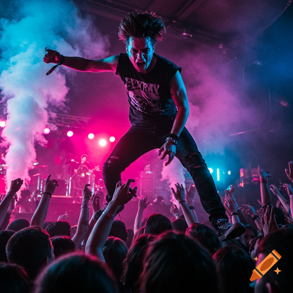 A person with spiky hair jumps over a crowd at a vibrant concert with pink and blue lights.