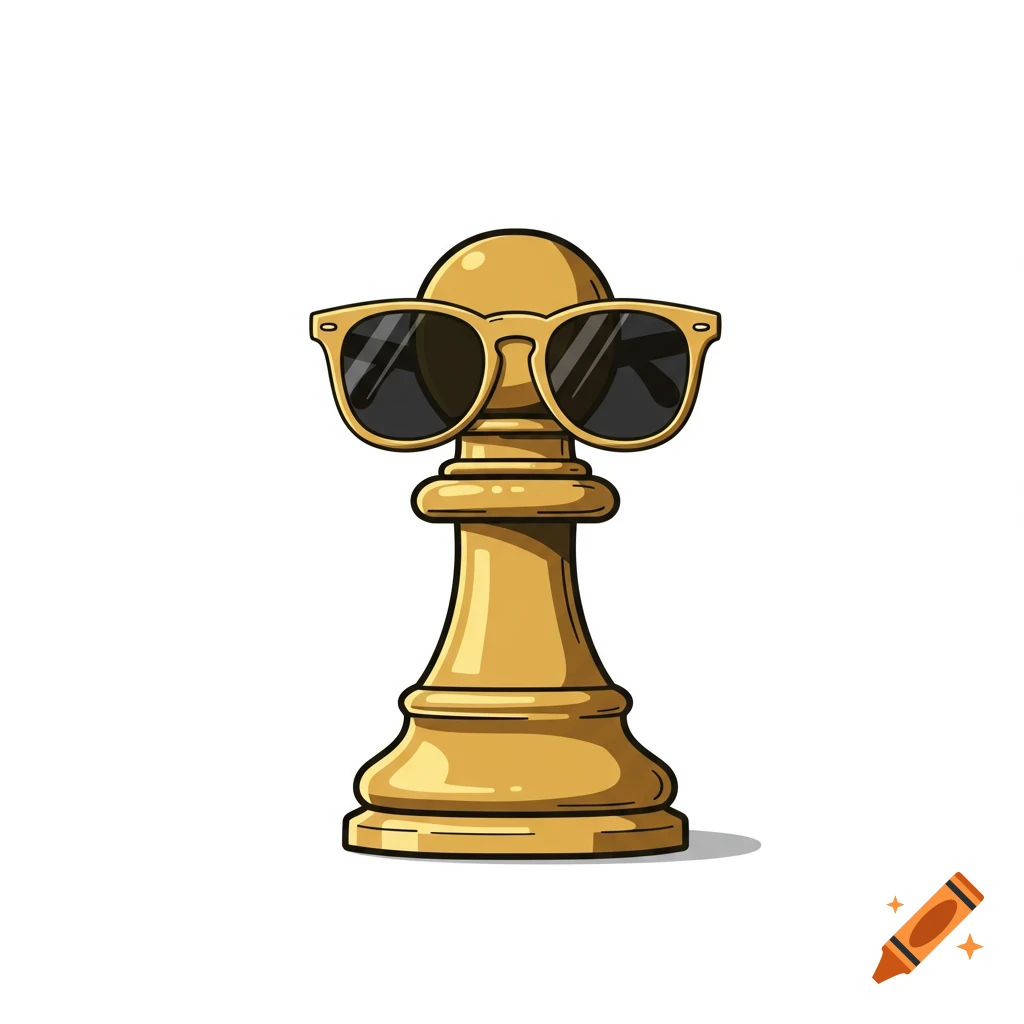 Golden chess pawn wearing cool sunglasses on a white background.