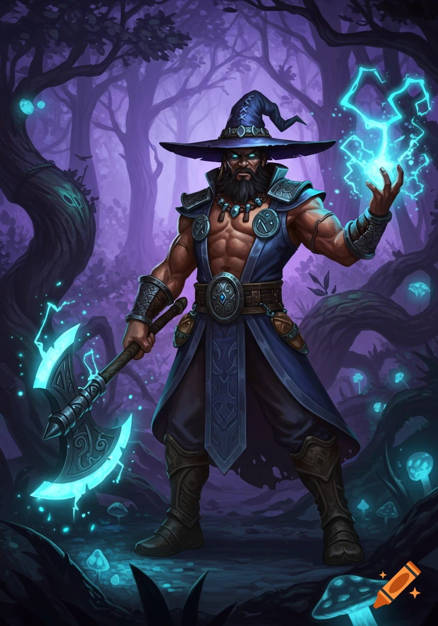 A muscular wizard in a wide-brimmed hat holds an electrified axe and casts lightning in a dark, magical forest with glowing mushrooms.