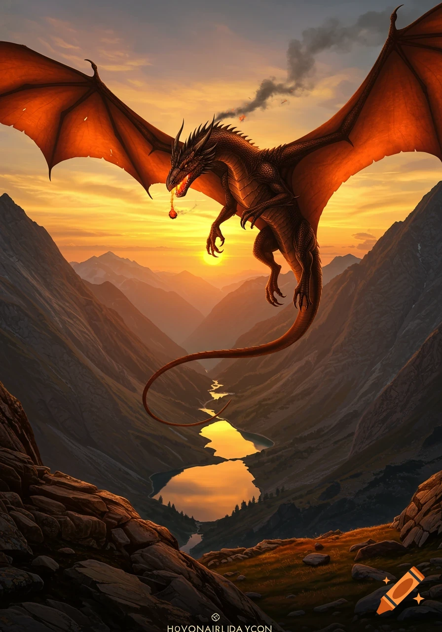 A majestic dragon with outstretched fiery wings flies over a mountain valley with a winding river and lake, illuminated by a brilliant sunset.