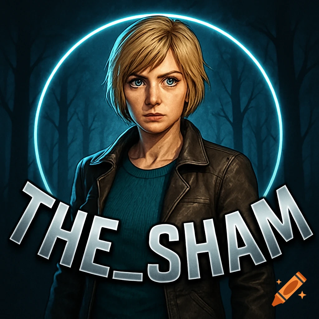 Digital illustration of Cheryl Mason from DBD with short blonde hair and blue eyes, wearing a leather jacket, framed by a neon blue circle. Text 'THE_SHAM' is overlaid on a dark forest background.