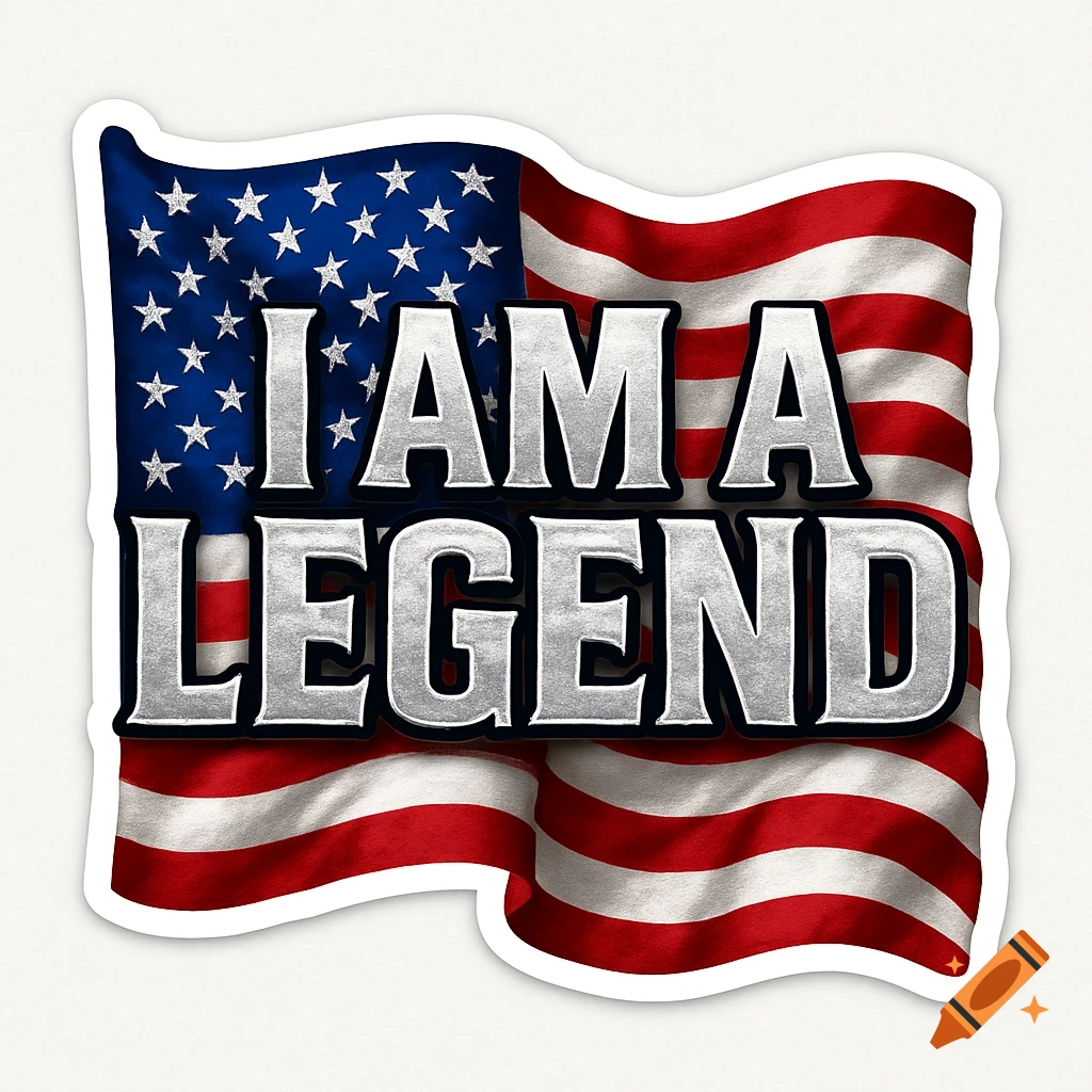 A wavy American flag with the silver text "I AM A LEGEND" centered on it, designed as a sticker.