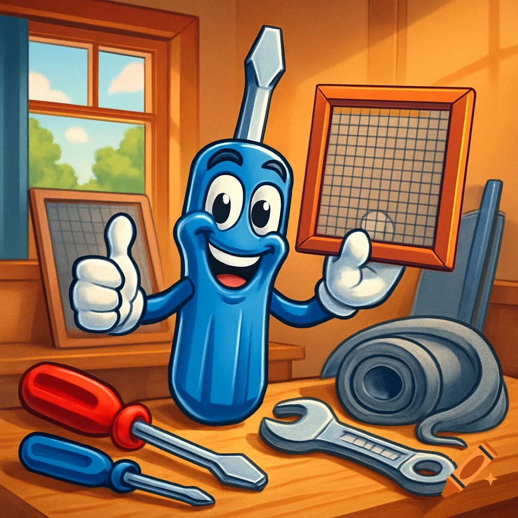 A happy blue cartoon screwdriver mascot gives a thumbs-up while holding a screen, surrounded by tools in a workshop.
