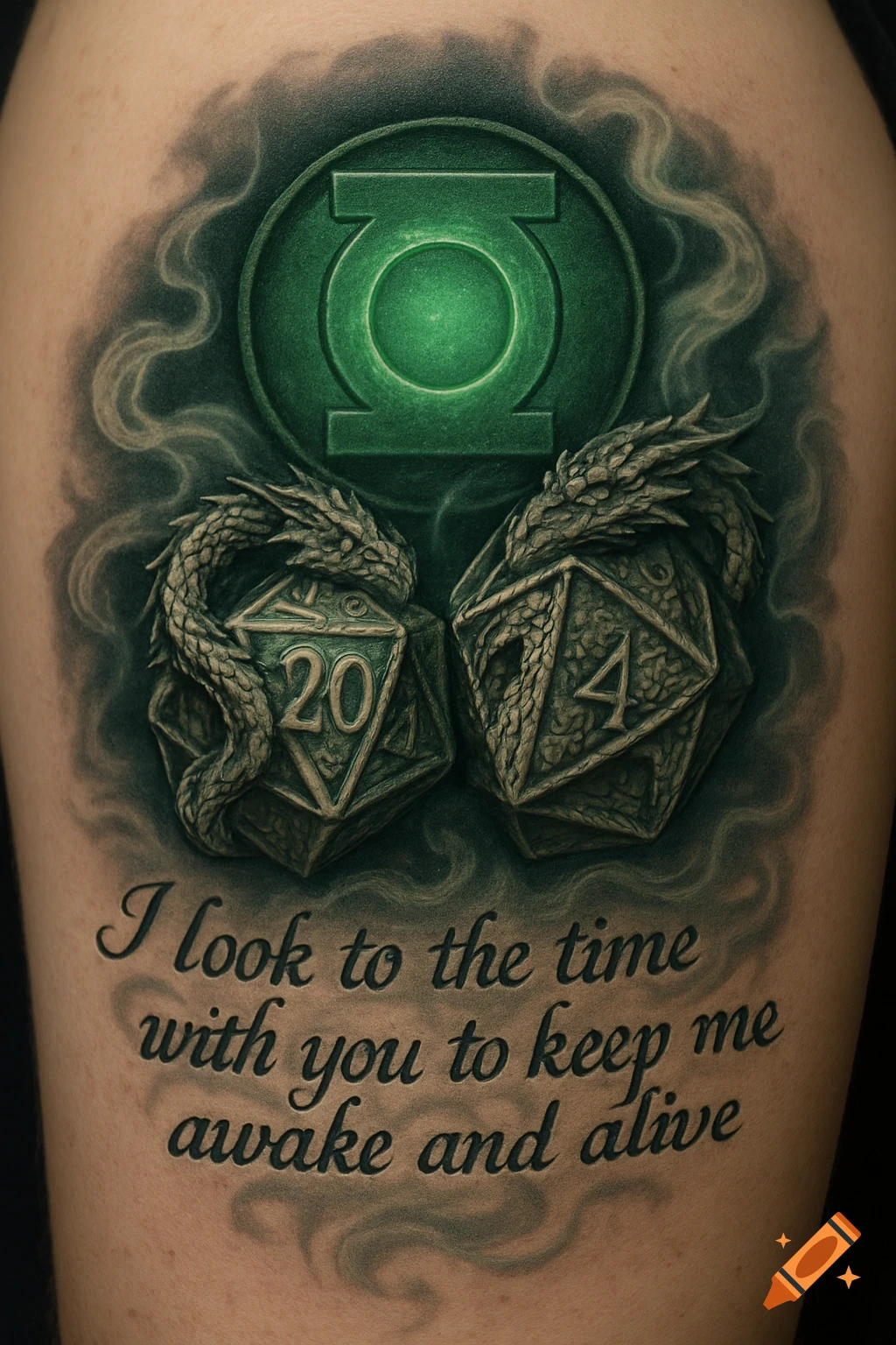 A green Green Lantern symbol with two dragons wrapped around D20 and D4 dice, and the quote 'I look to the time with you to keep me awake and alive' tattooed on skin.