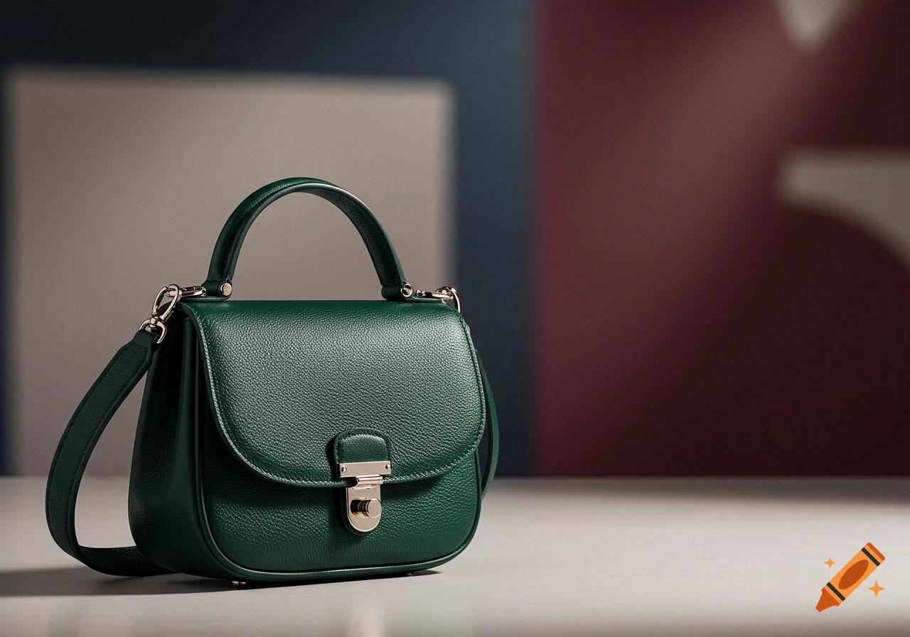 A dark green leather handbag with a silver clasp sits on a light grey surface against a blurred background with blue and red tones.