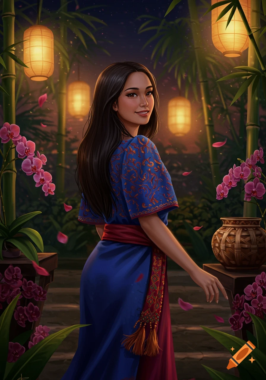 A smiling young woman with long dark hair, wearing a blue dress with a red sash and intricate patterns, looks over her shoulder in a moonlit garden with glowing lanterns, bamboo, and pink orchids.