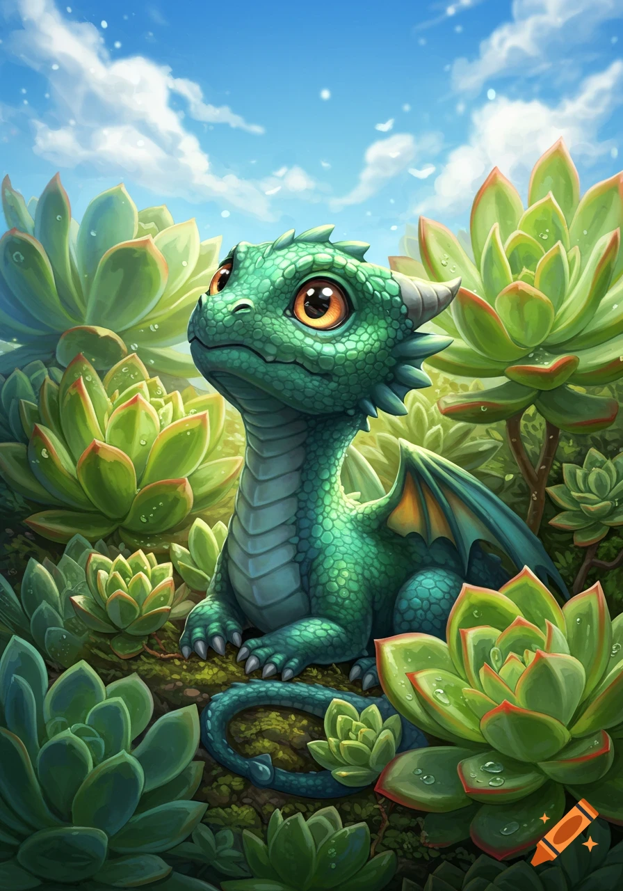 A cute baby green dragon with orange eyes sits amongst green succulents under a blue sky with clouds.