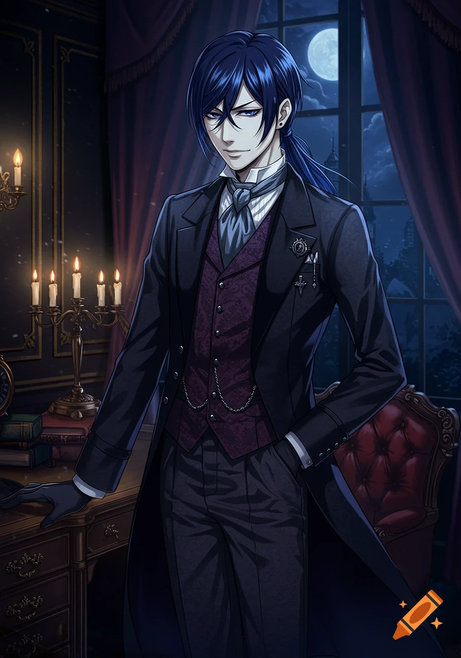 An anime man with dark blue hair and eyes in a black Victorian suit, standing in a dimly lit room with candles and a moonlit window.