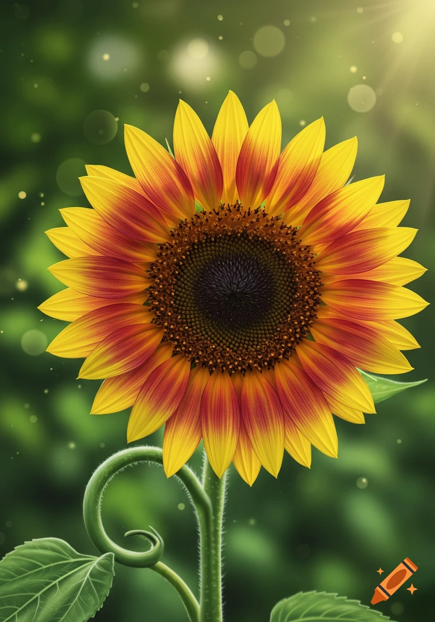 A vibrant yellow and orange sunflower with a green stem and bokeh background, illuminated by sunlight.