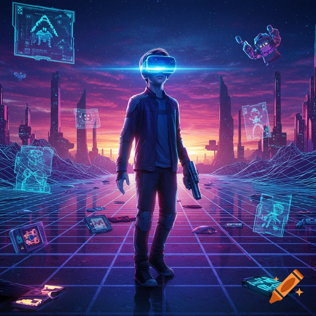 A boy in a VR headset stands on a neon grid in a futuristic cityscape, surrounded by holographic displays and a floating robot.