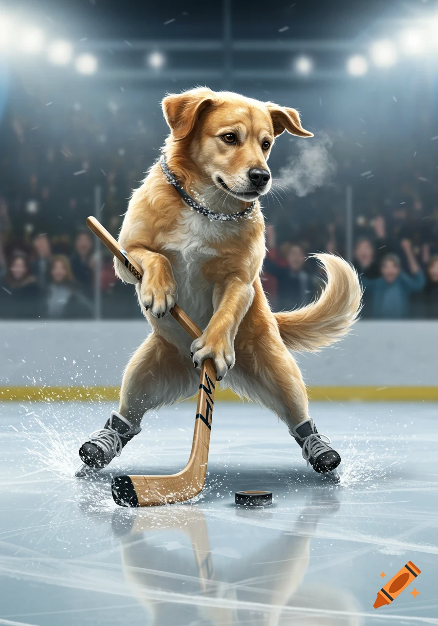 A realistic golden retriever wearing ice skates plays hockey on an ice rink, holding a stick with a puck nearby.