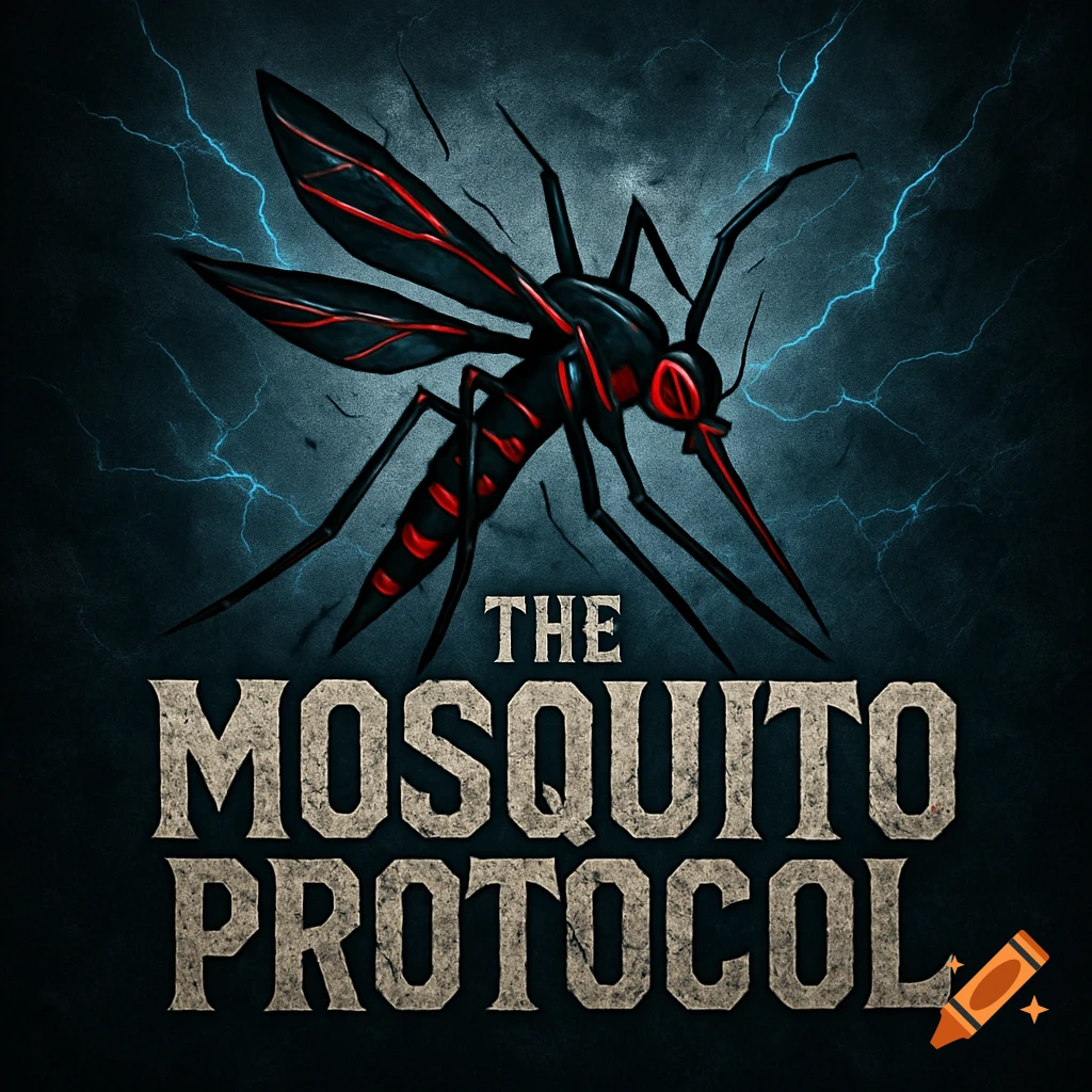 A menacing black and red mosquito with glowing eyes on a dark, stormy background with lightning. Text reads 'THE MOSQUITO PROTOCOL'.