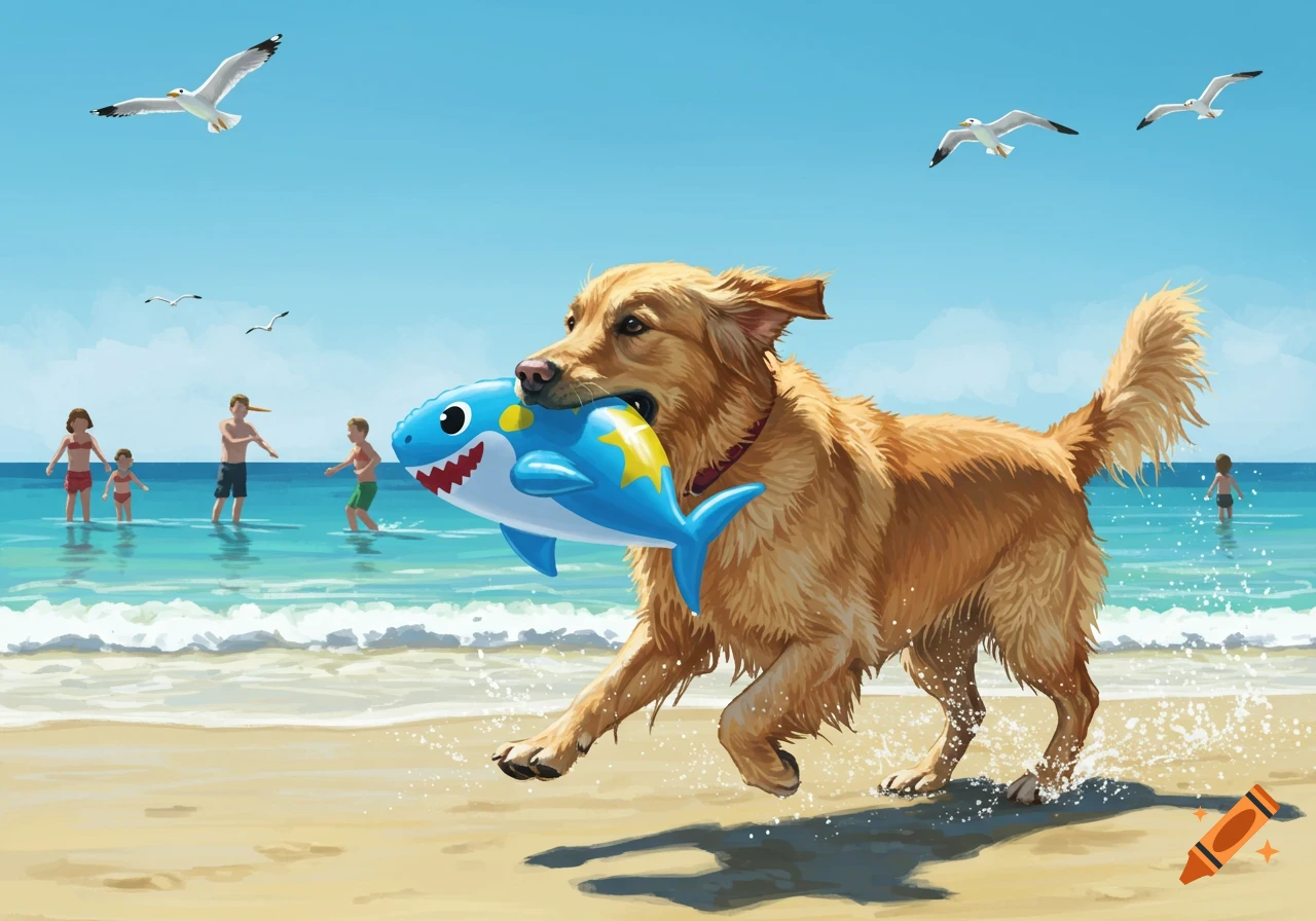 A golden retriever runs on a sunny beach, carrying a blue Baby Shark inflatable in its mouth, with people wading in the ocean and seagulls flying overhead.