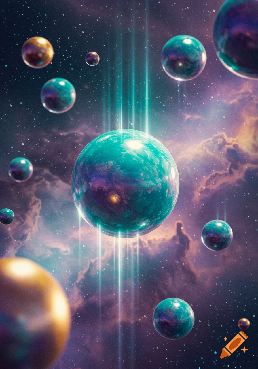 Vibrant glowing spheres float through a colorful cosmic nebula with stars and light beams.