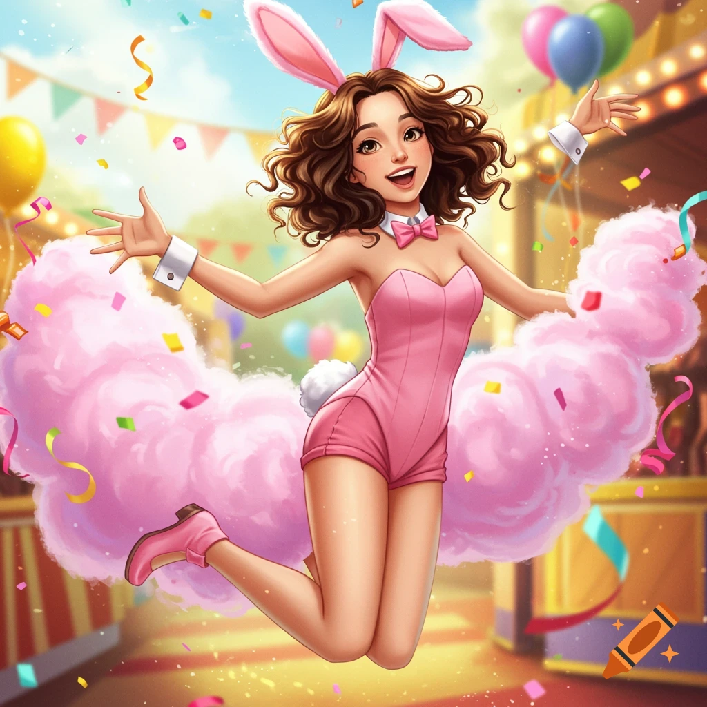 An illustrated cheerful young woman in a pink bunny costume jumps among pink cotton candy clouds and confetti at a vibrant carnival.