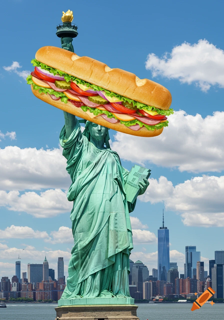 The Statue of Liberty holds a giant sub sandwich high in the air against a blue sky with clouds and the New York City skyline in the background.