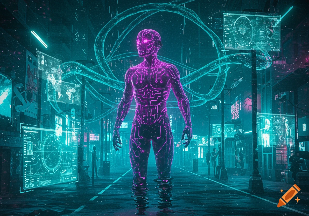 A glowing purple humanoid figure made of circuits stands in a dark, neon-lit cyberpunk city street with holographic screens.