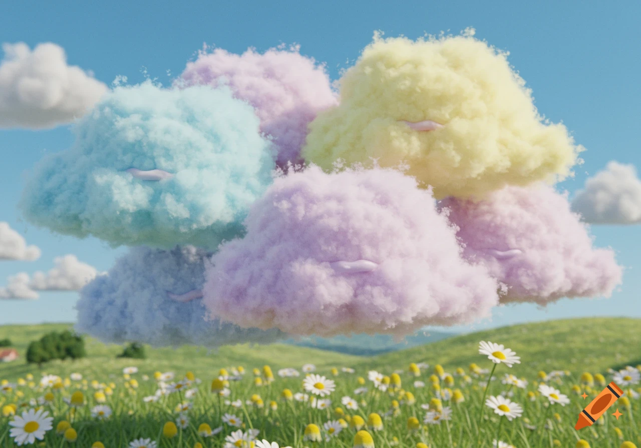 Pastel fluffy clouds with small mouths float above a green field of white and yellow daisies under a clear blue sky.