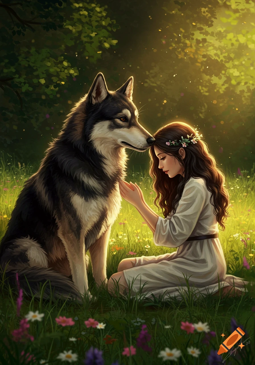 An illustrated image of a girl kneeling in a sunlit meadow, gently touching a wolf who is nuzzling her forehead.