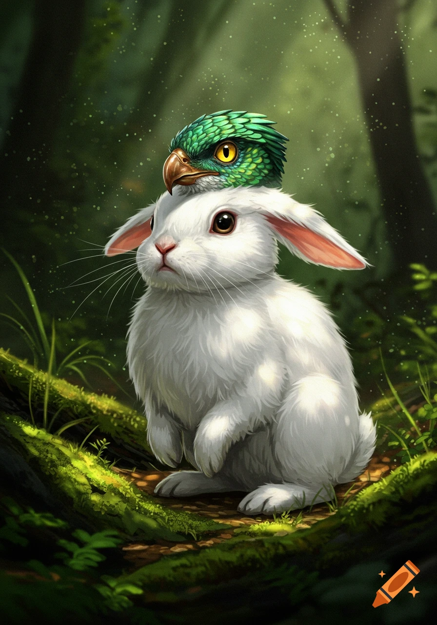 A fantasy illustration of a white rabbit with a green raptor head in a mossy forest.
