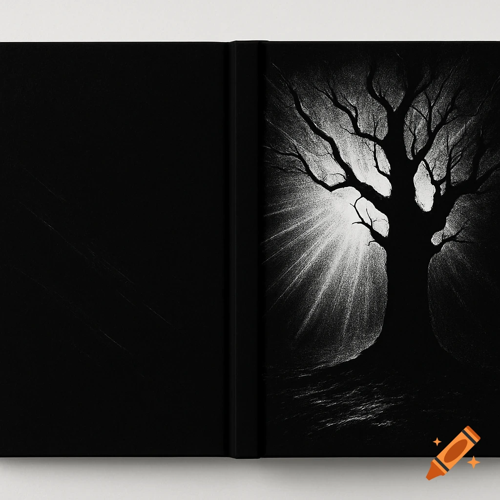 A black and white book cover featuring a silhouetted bare tree with bright light rays emanating from behind it, on a dark background.