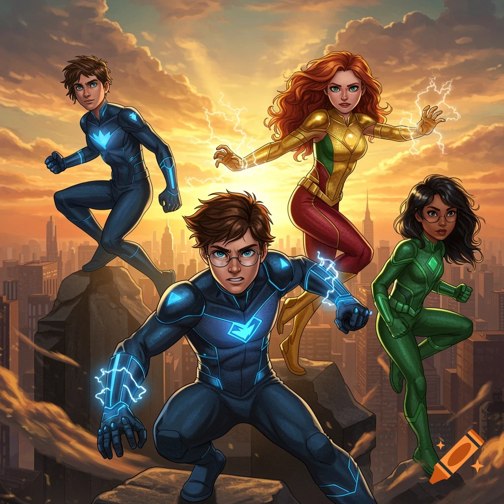 Four diverse superheroes, a male and three females, pose on a rooftop overlooking a city skyline at sunset in a comic art style.