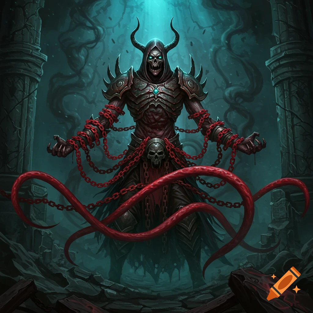 A skeletal figure in dark armor, bound by crimson chains, stands in a ruined gothic setting under a haunting light.