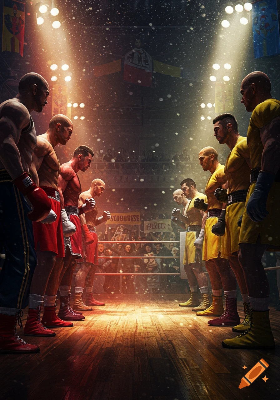 Two teams of boxers, one in red and one in yellow, face off in a dramatic, spotlight-filled boxing ring.