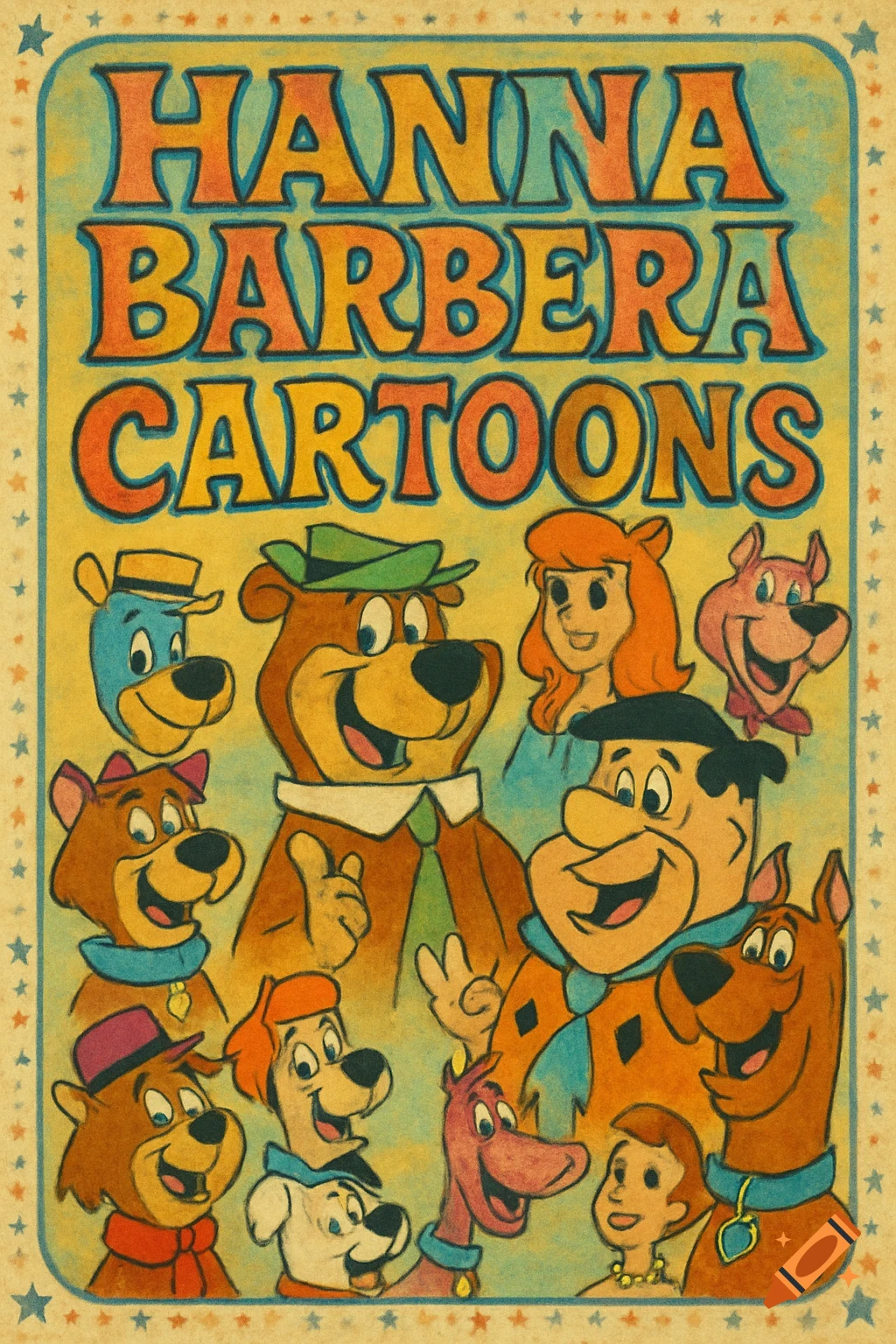 Vintage style poster featuring multiple Hanna-Barbera cartoon characters including Yogi Bear and Fred Flintstone, with text 'HANNA BARBERA CARTOONS'.