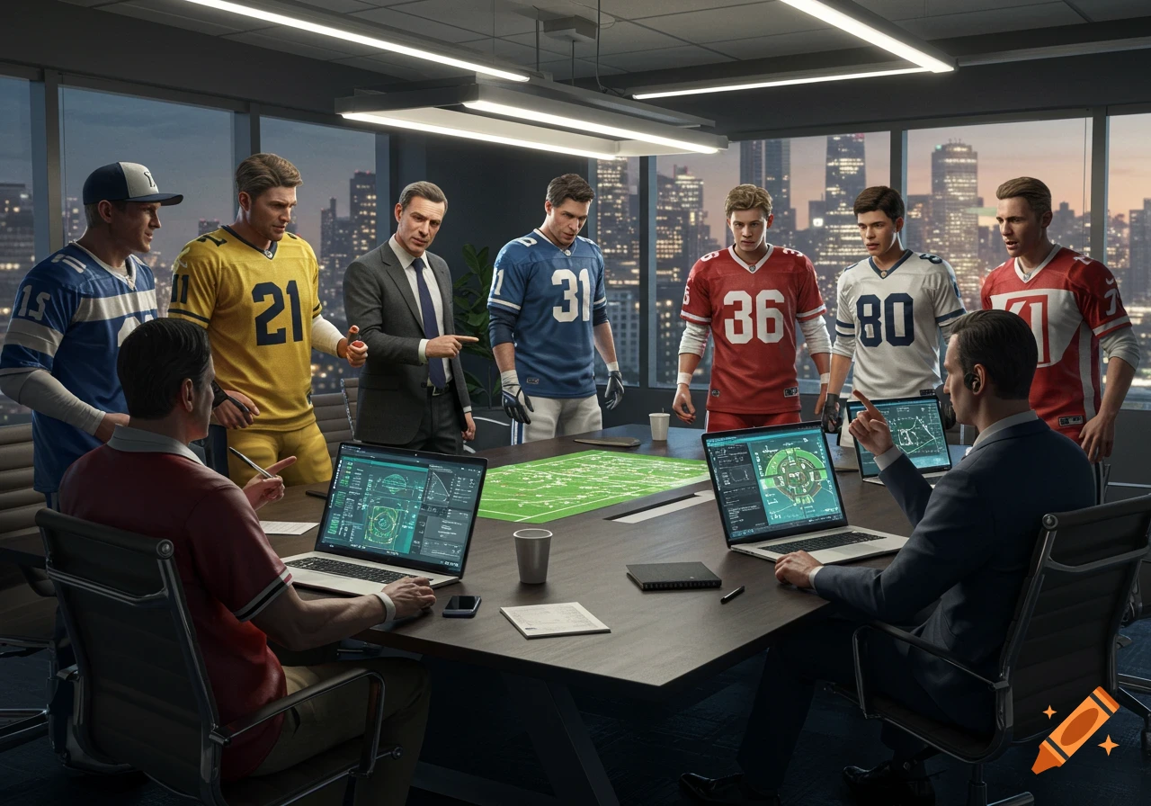 Men in football jerseys and suits in a modern conference room, strategizing around a table with laptops displaying data.