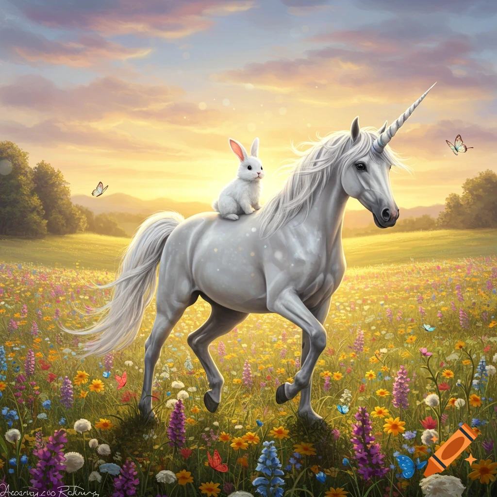 A white bunny rides a white unicorn through a vibrant field of wildflowers with butterflies at sunset.