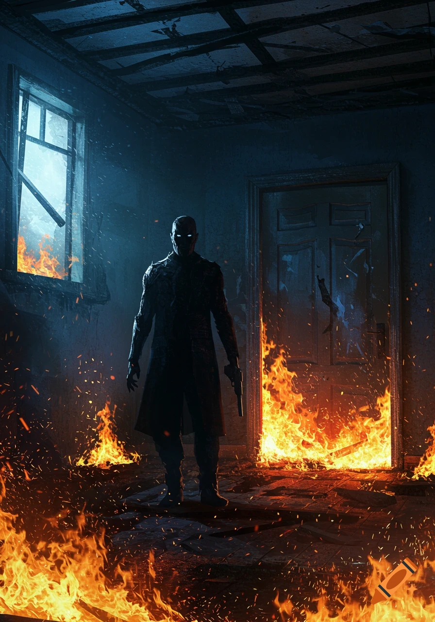A grim figure with glowing eyes holds a gun in a dark, burning room with a shattered window and door.