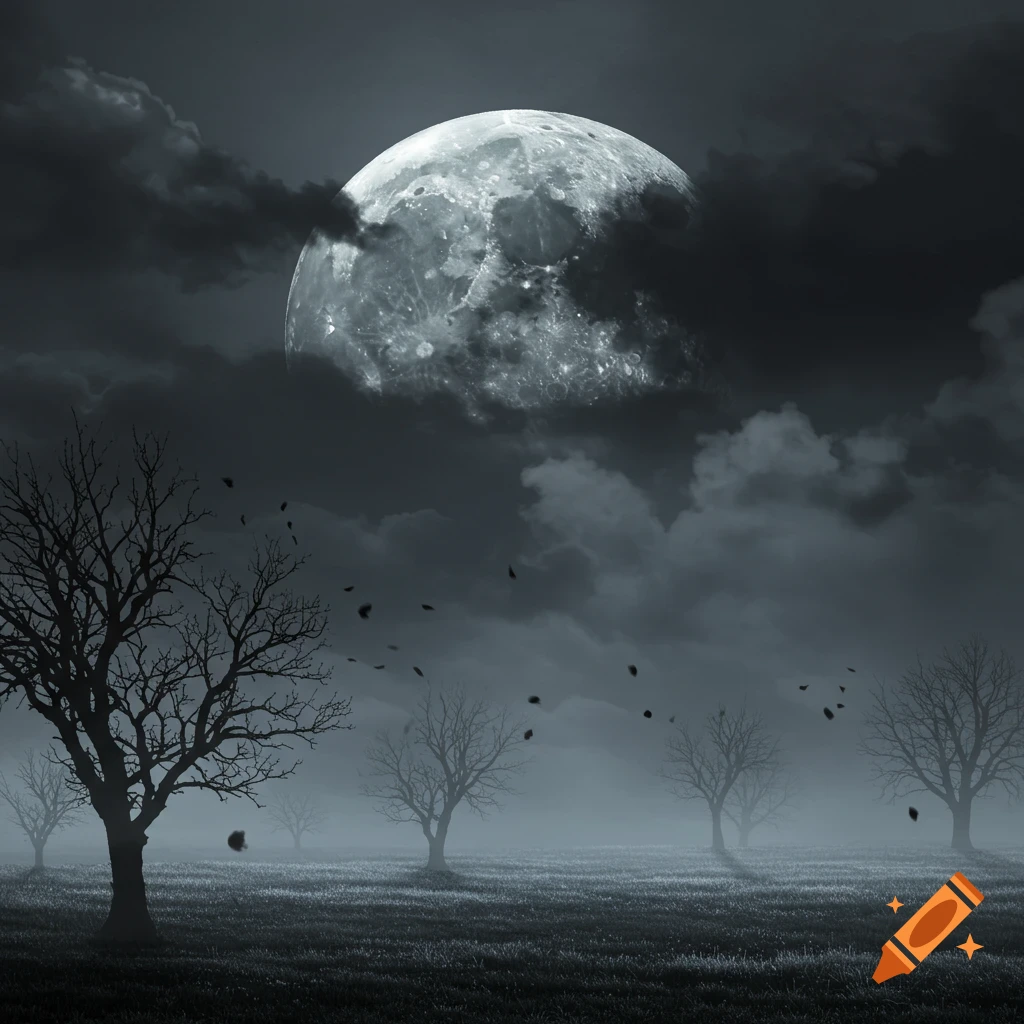 A large, textured moon partially hidden by dark clouds over a foggy field with bare trees and falling leaves in a monochrome palette.