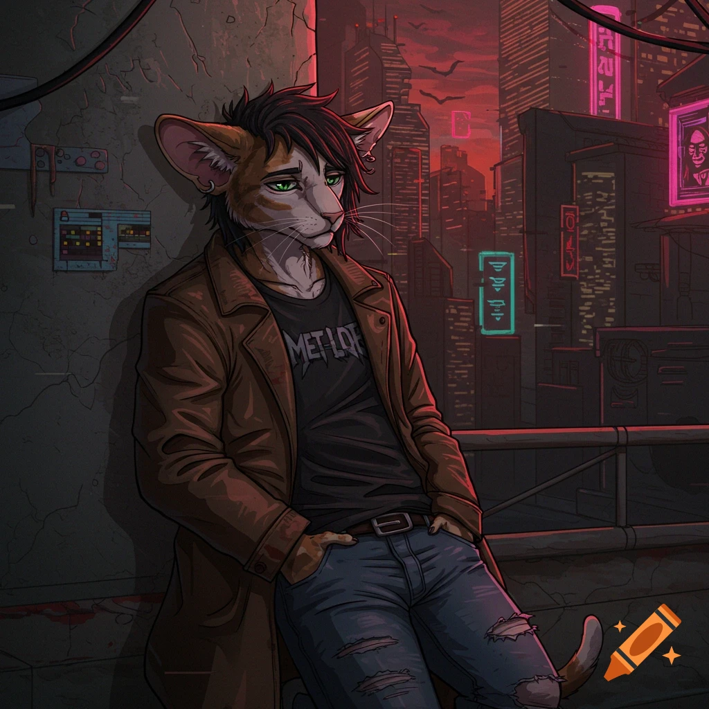 An anthropomorphic calico cat with green eyes, a brown coat, and ripped jeans leans against a wall in a dark, neon-lit cyberpunk city.