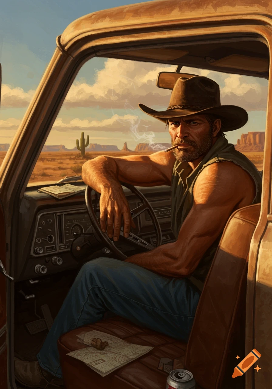 A rugged man in a cowboy hat sits in a pickup truck, smoking a cigarette, with a vast desert landscape and sky visible outside.