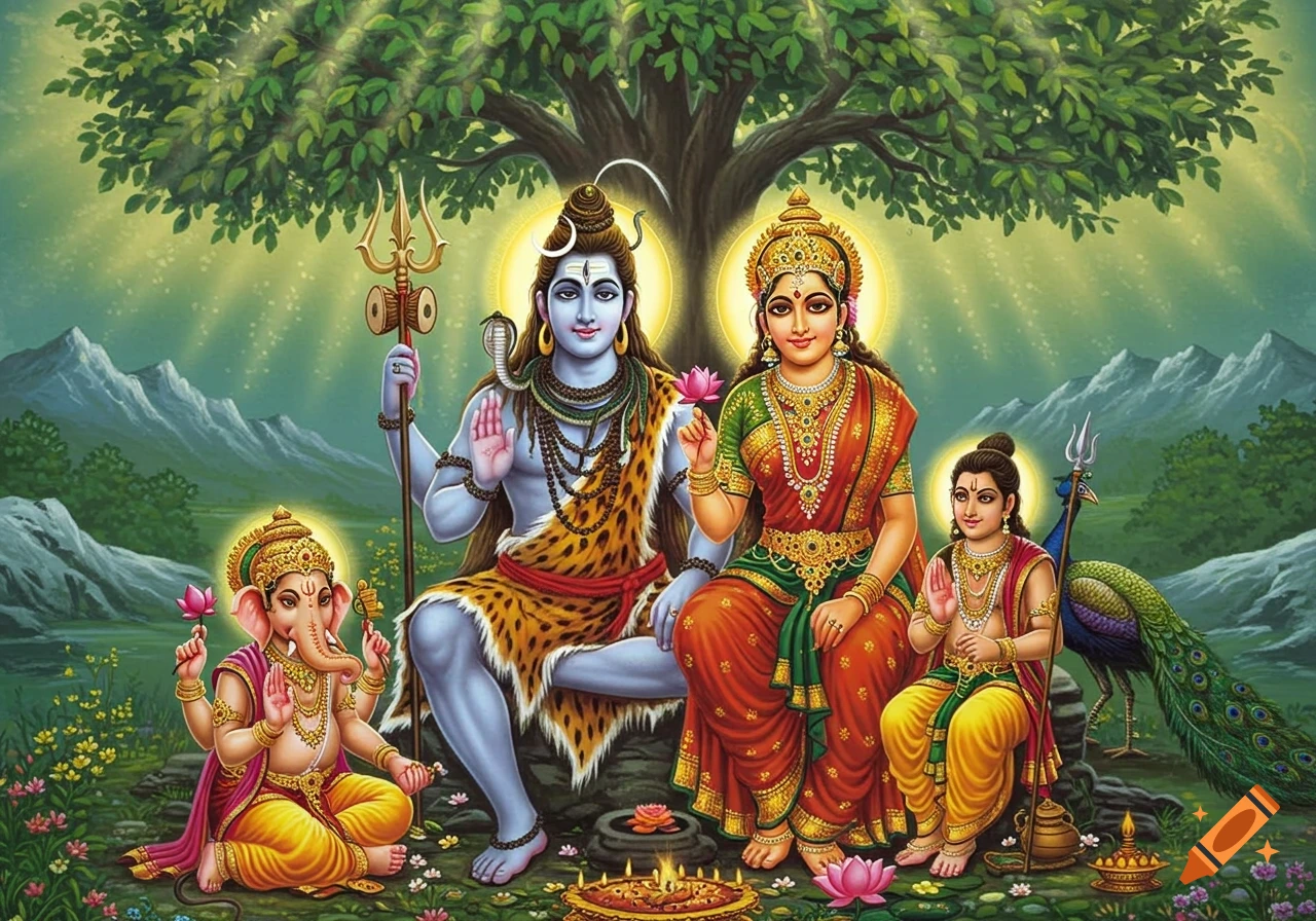 Lord Shiva, Parvati, Ganesha, and Kartikeya under a tree in a lush landscape, traditional Indian devotional art style.