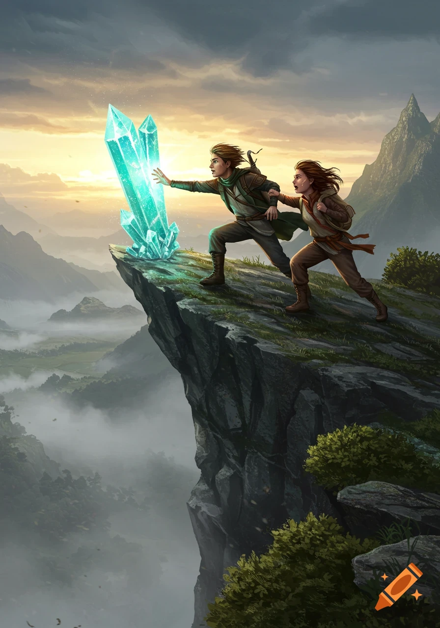 Two explorers on a cliff, one reaching for a glowing teal crystal as the other holds him back, with mountains and fog in the distance at sunset.