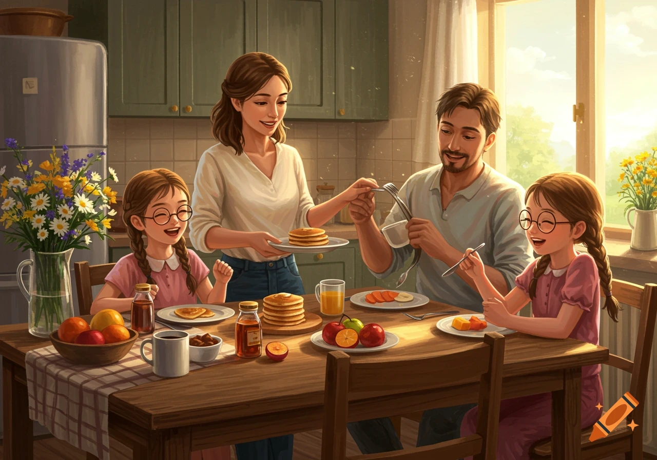A smiling family of four, including a mother, father, and two daughters wearing glasses and braids, eat breakfast together at a kitchen table filled with pancakes, fruit, and drinks.