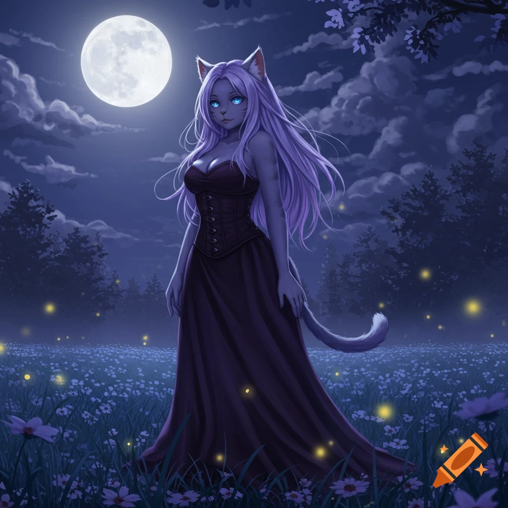 Anime cat girl with lavender hair and blue eyes in a dark purple dress, standing in a moonlit meadow with fireflies.