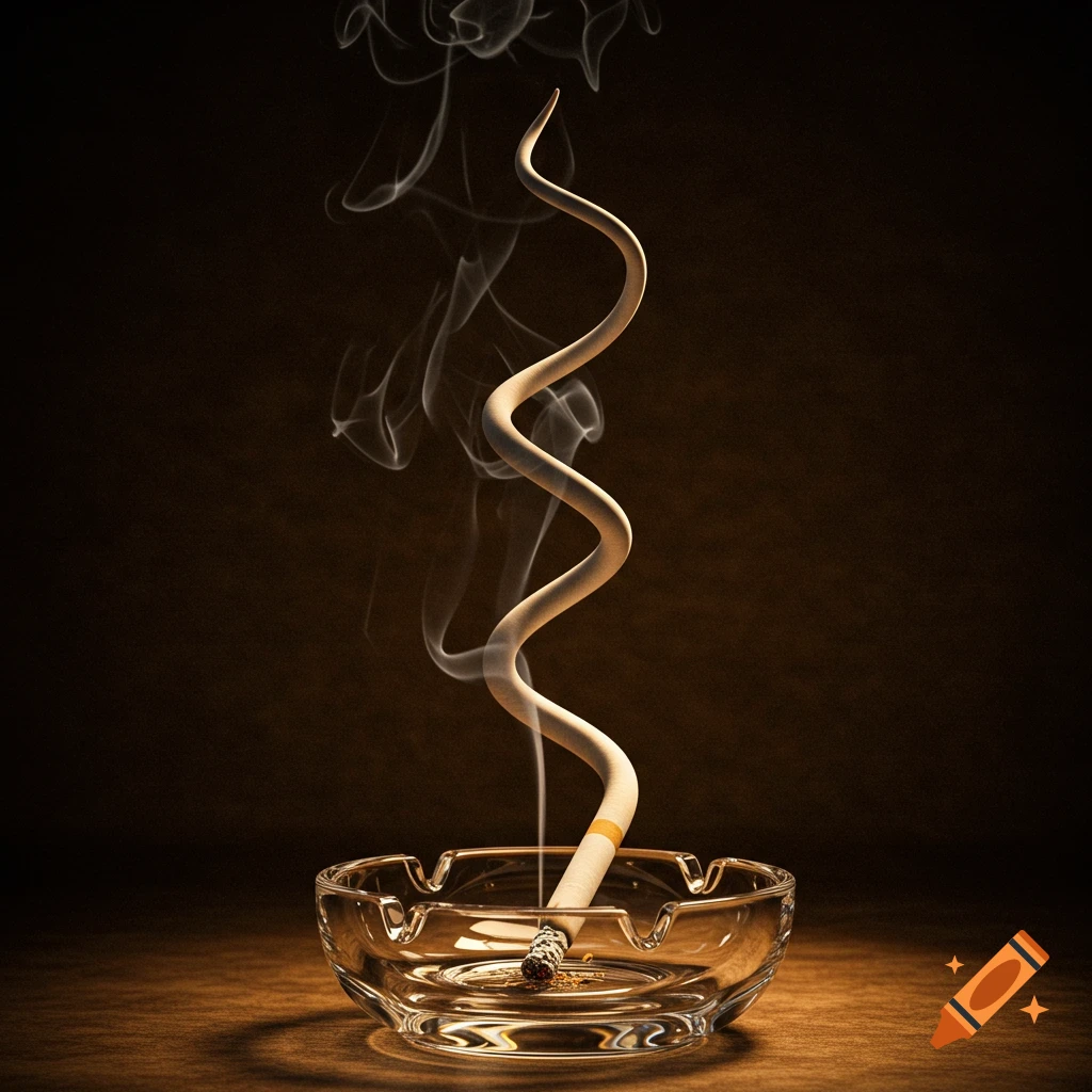A long, curly cigarette stands upright in a glass ashtray, with smoke swirling above it, against a dark background.