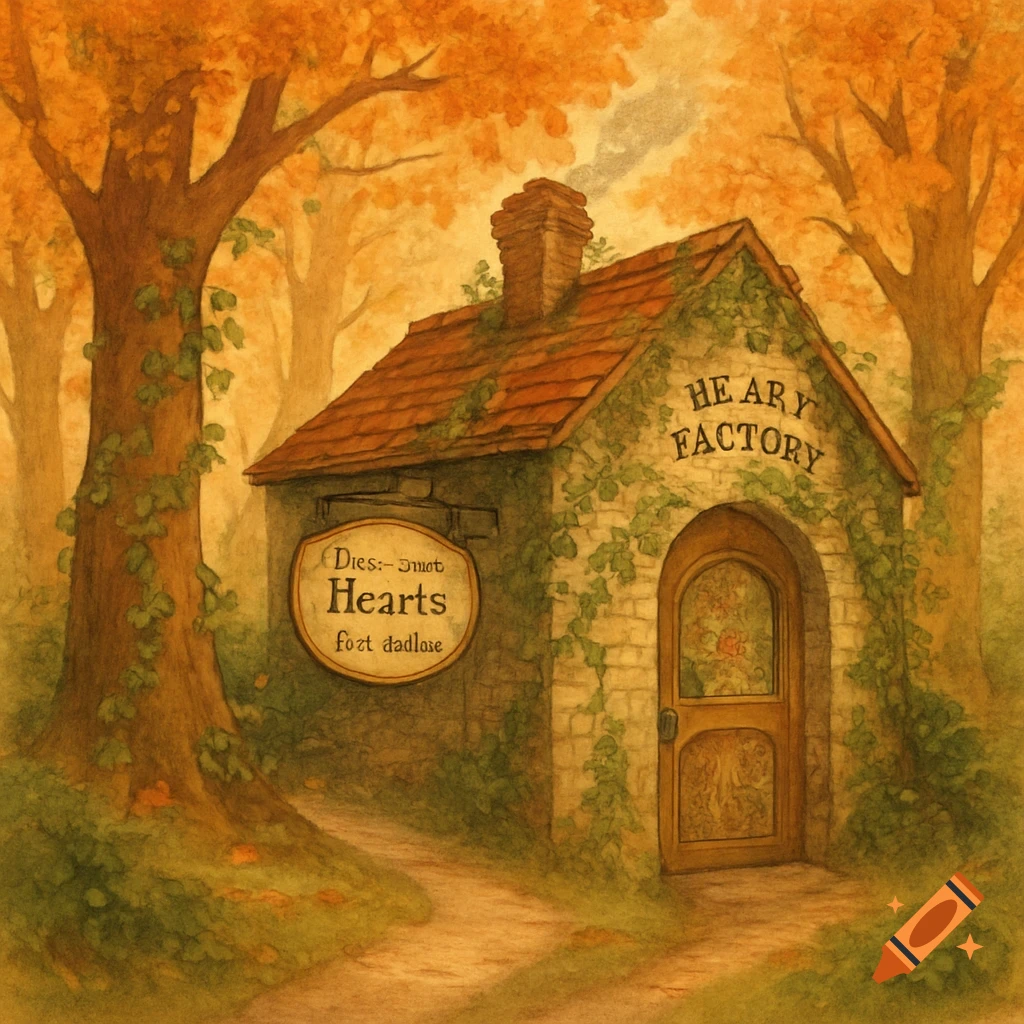 A whimsical stone house with a red roof and ivy, nestled in an autumnal forest with orange trees, in a painterly style.