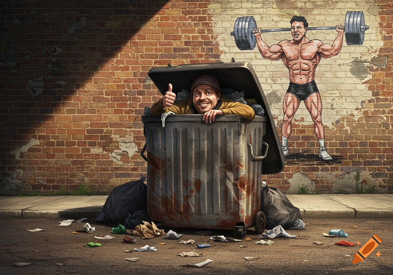 A man smiling with a thumbs up from inside a trash can on a city street, next to a cartoon-style weightlifter graffiti on a brick wall.
