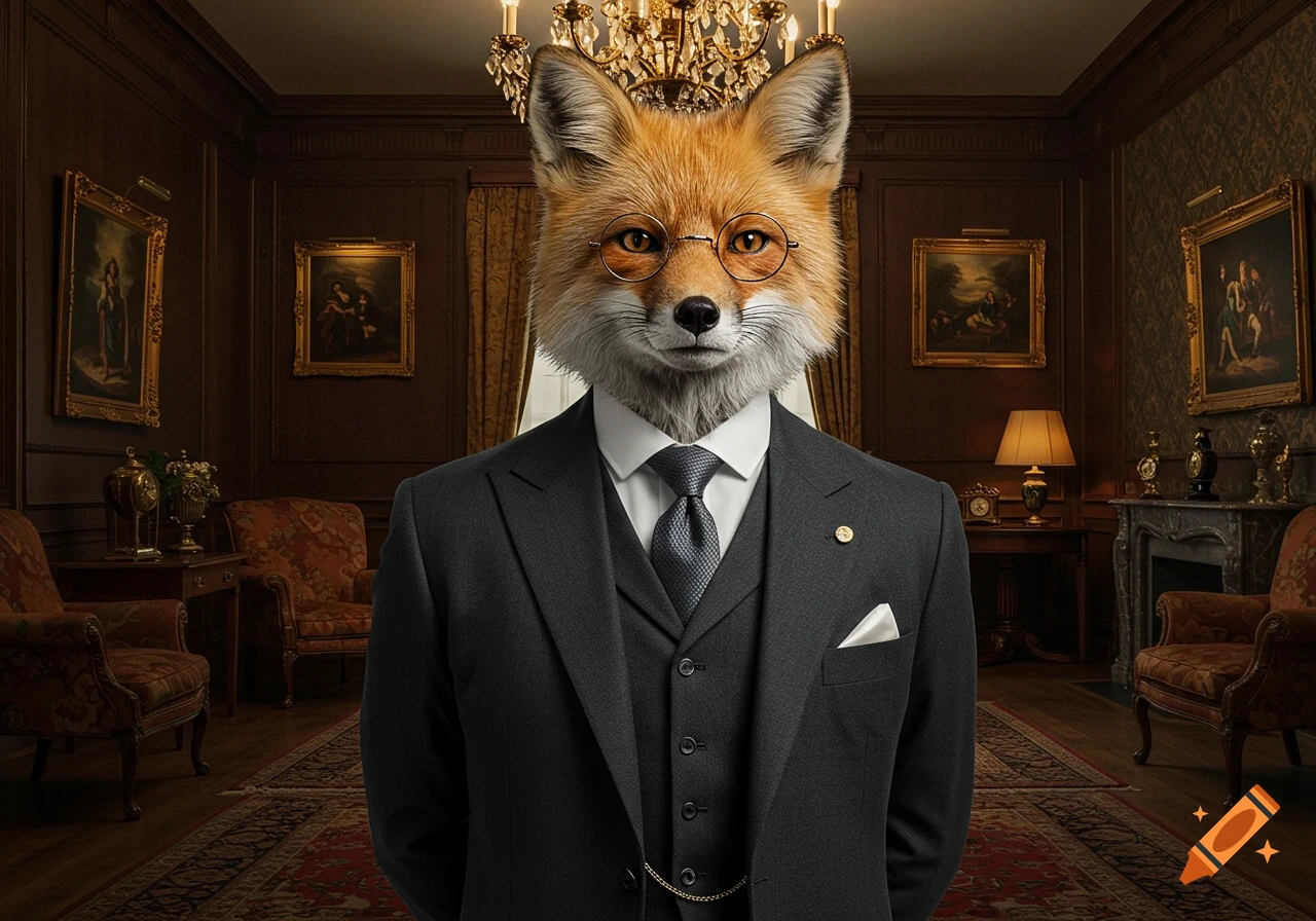 A dapper fox in a grey three-piece suit and spectacles stands in a luxurious, wood-paneled room with paintings and a chandelier.