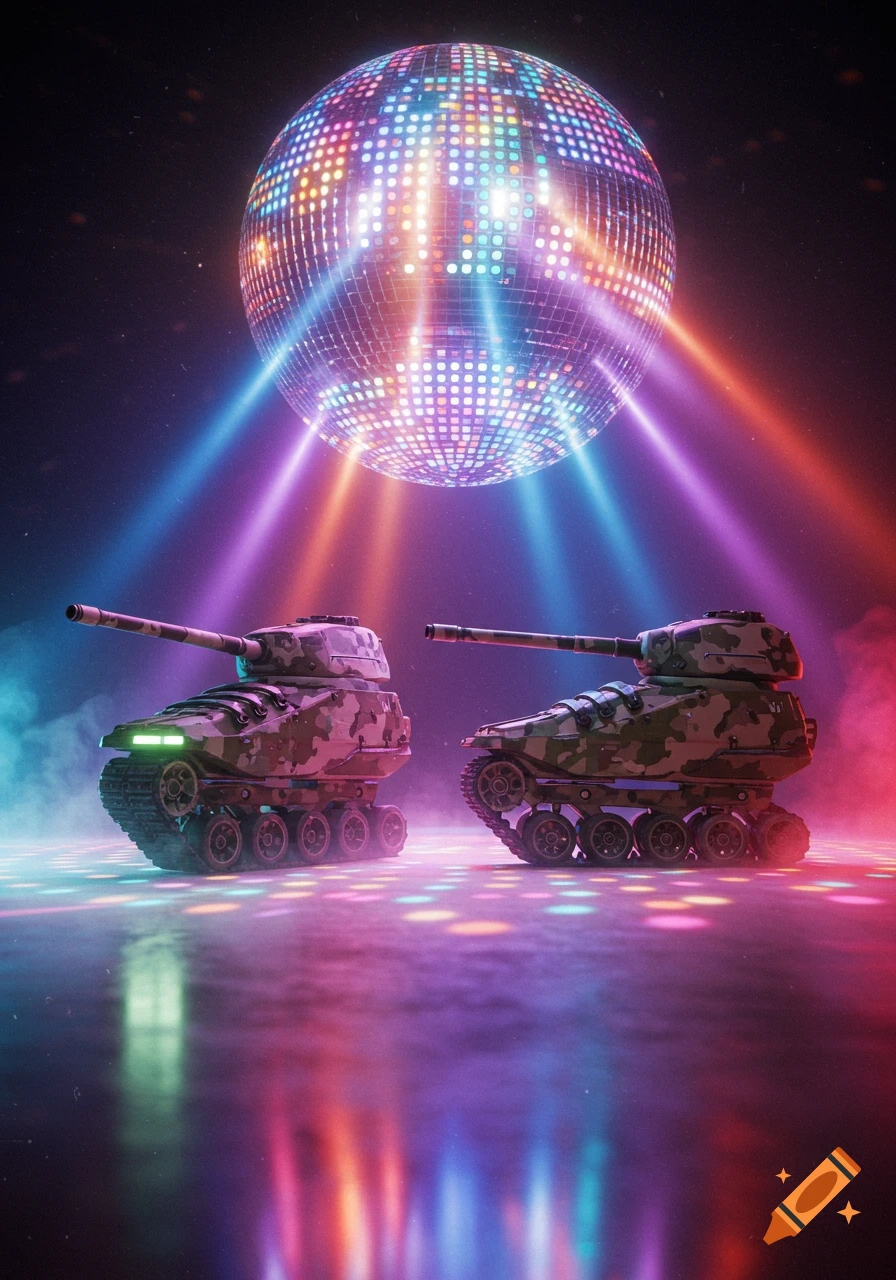 Two camouflage tanks on roller skates under a large, colorful disco ball shining vibrant lights onto a smoky floor.