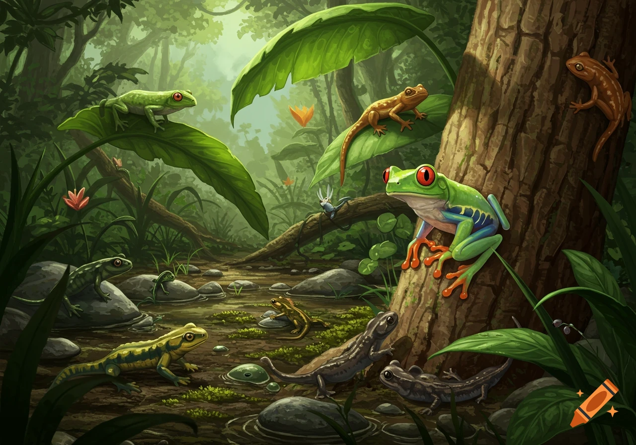 Vibrant illustration of various amphibians, including colorful tree frogs, salamanders, and geckos, in a lush green jungle.