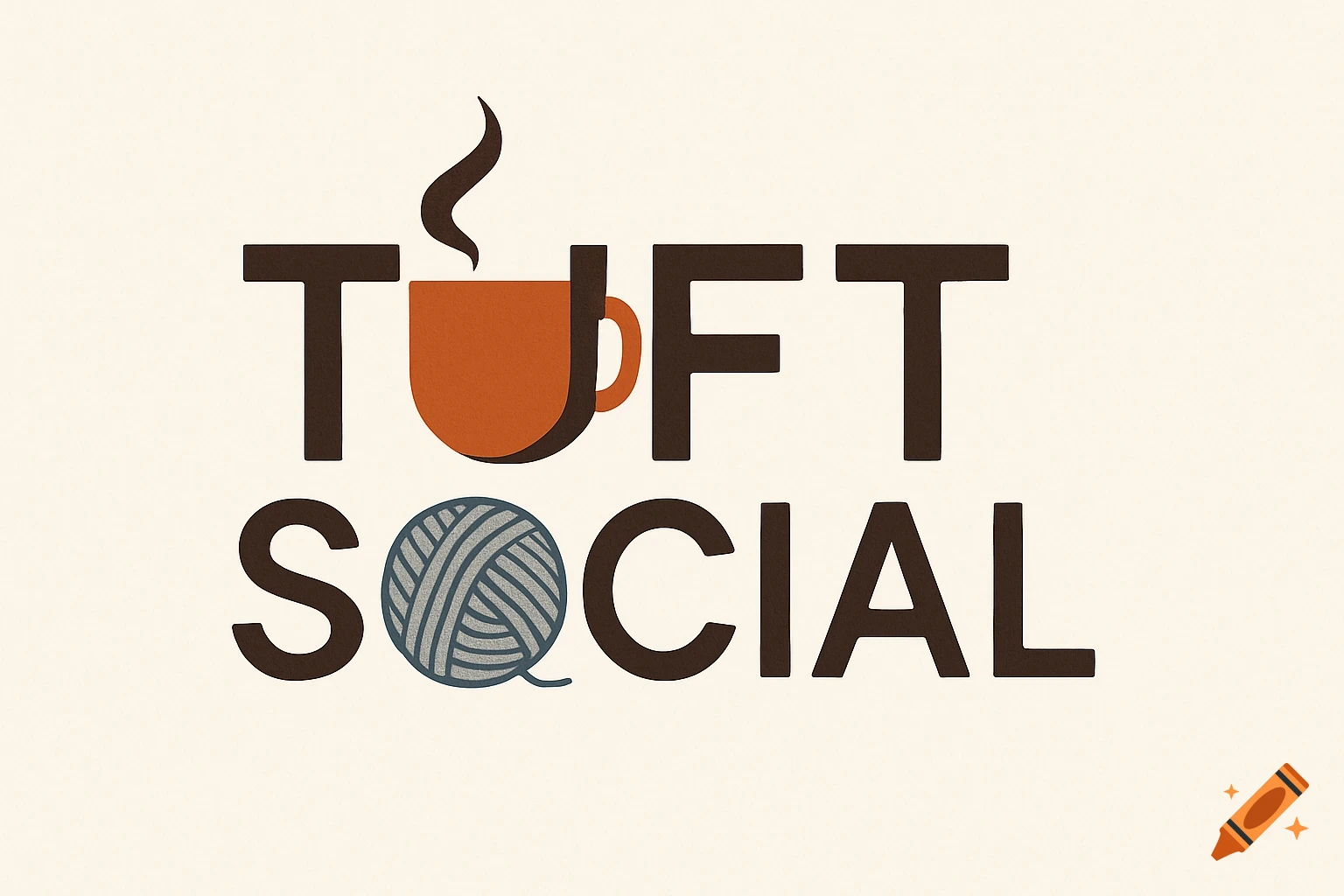 Logo for 'Tuft Social' featuring brown text, an orange coffee mug for the 'U', and a yarn ball for the 'O'.